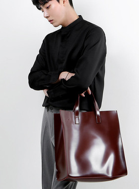 韩国竖款托特包亮面PU皮质男女通用斜挎包手拎单肩背包A4文件包