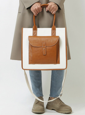 韩国Theaction时尚托特包青年男手提包双色拼接电脑包斜挎单肩包