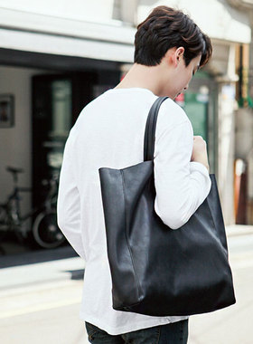 韩国2025款PU皮男士手提包休闲时尚购物包斜挎包敞口大容量单肩包