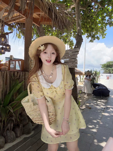 奶油泡芙 茄茄西米原创 浅黄色娃娃领甜美温柔小个子女生夏收腰裙