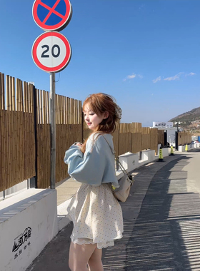 茄茄西米原创[海盐乌龙]蓝色针织开衫百搭短蝙蝠袖甜美清新春夏