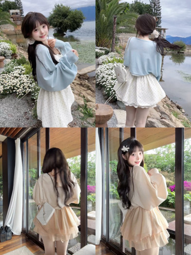 茄茄西米原创蓝色杏色针织开衫百搭短蝙蝠袖甜美清新夏