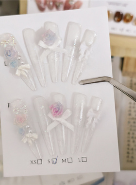 （巴洛克）碎冰冰法式白色山茶花重工穿戴甲长椭圆ins白开水小众