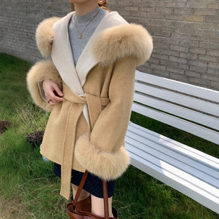 2025秋冬狐狸毛连帽双面羊绒大衣女 高级感显瘦小个子羊毛呢外套