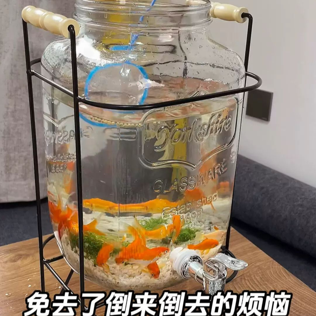 圆柱形玻璃鱼缸带水龙头可防水客厅玄关办公桌面茶几创意小型金鱼