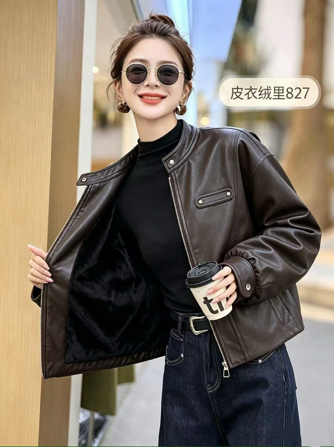 banyun 新款加绒皮衣外套，黑色咖色两色三码ML XL