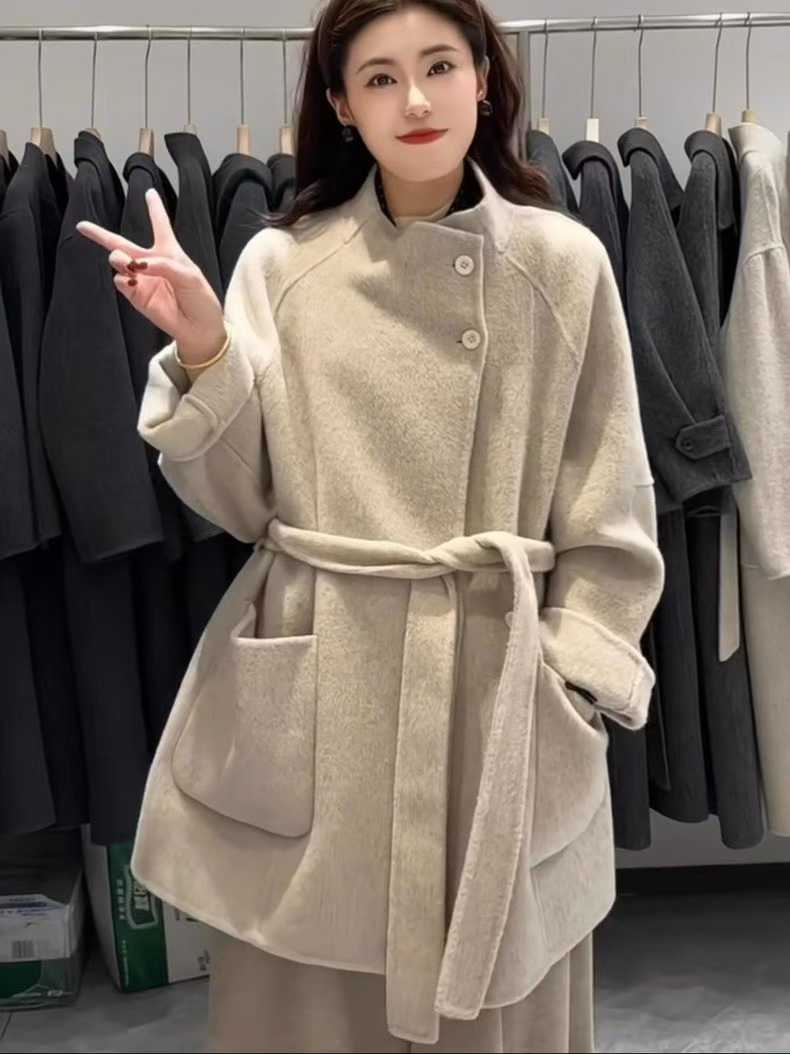 伴云banyun 2025新款双面呢秋冬新款韩版立领中长款羊毛女士大衣