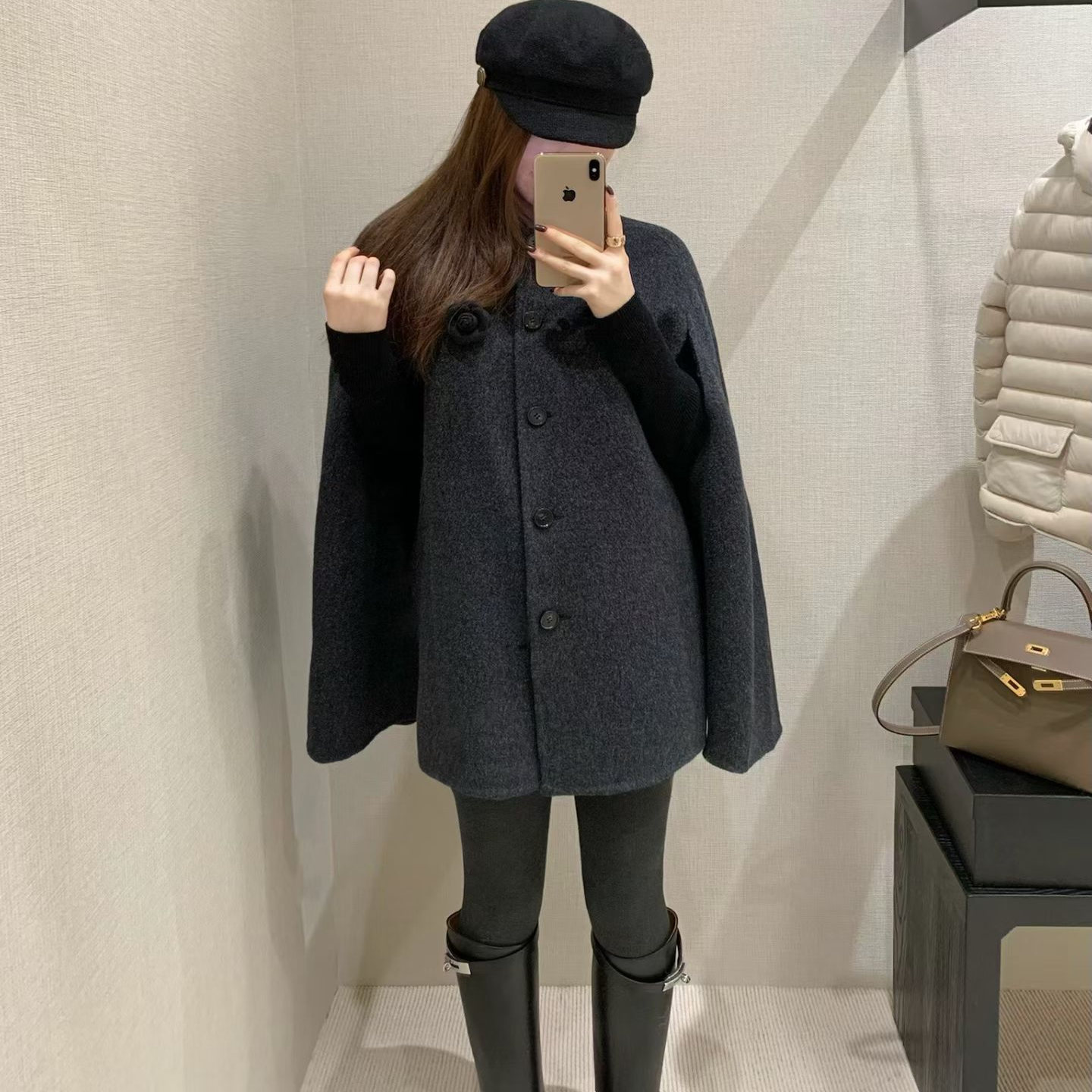 EASE新款蝙蝠袖大衣翻领单排扣花朵时尚洋气韩系冬季呢子宽松显瘦