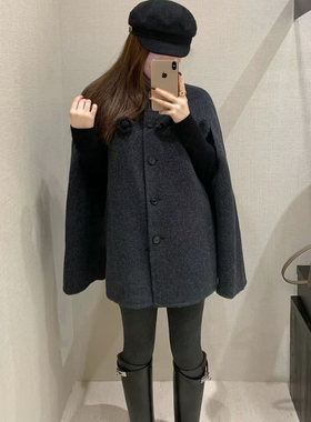 EASE新款蝙蝠袖大衣翻领单排扣花朵时尚洋气韩系冬季呢子宽松显瘦