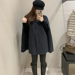 EASE新款蝙蝠袖大衣翻领单排扣花朵时尚洋气韩系冬季呢子宽松显瘦