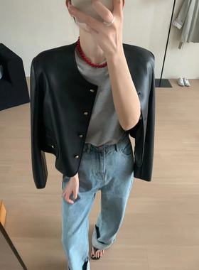 about moon皮衣外套女24新款圆领金扣复古高级简约机车夹克短款