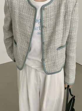 about moon小香风外套粗花呢编织韩系时尚高级感撞色圆领上衣短款