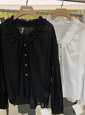 wk新款韩系时尚花边V领系带衬衫上衣长袖宽松显瘦松弛感百搭洋气