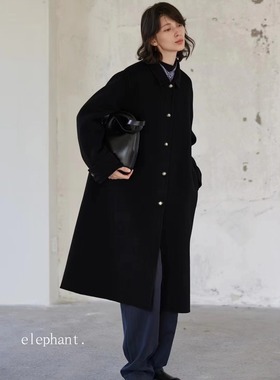 elephant大衣24新款外套羊绒进口面料韩国手工复古长款翻领单排扣