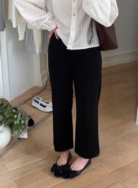 moge蕾丝花边小黑裤爆款韩系简约九分小个子显瘦高腰百搭通勤直筒