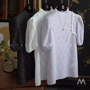 美妙人儿...名媛！气质！半高领珍珠边烫钻泡泡袖挑孔针织衫女春