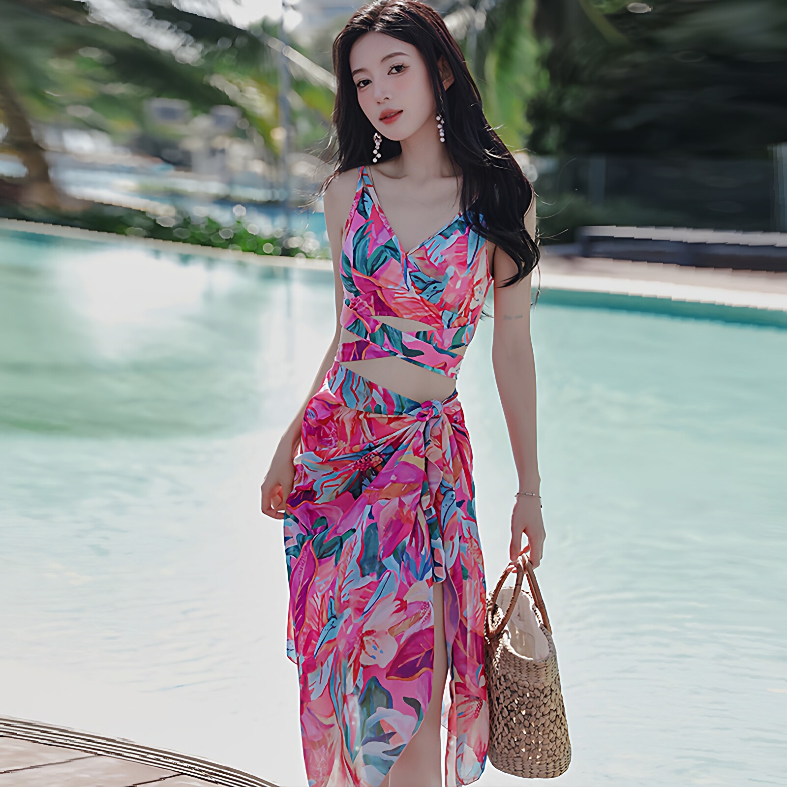 泳衣女款海边度假风比基尼三件套保守小胸分体2026新款泡温泉泳装