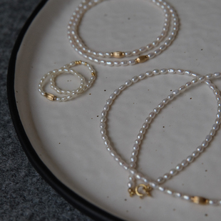 VN复古自制米形极细天然淡水珍珠14k注金项链手链戒指女王节礼物