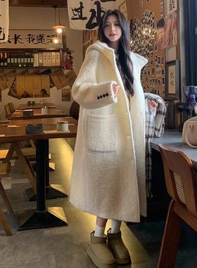 LILY MOST高级感白色连帽呢子大衣女中长版时尚洋派过膝毛呢外套