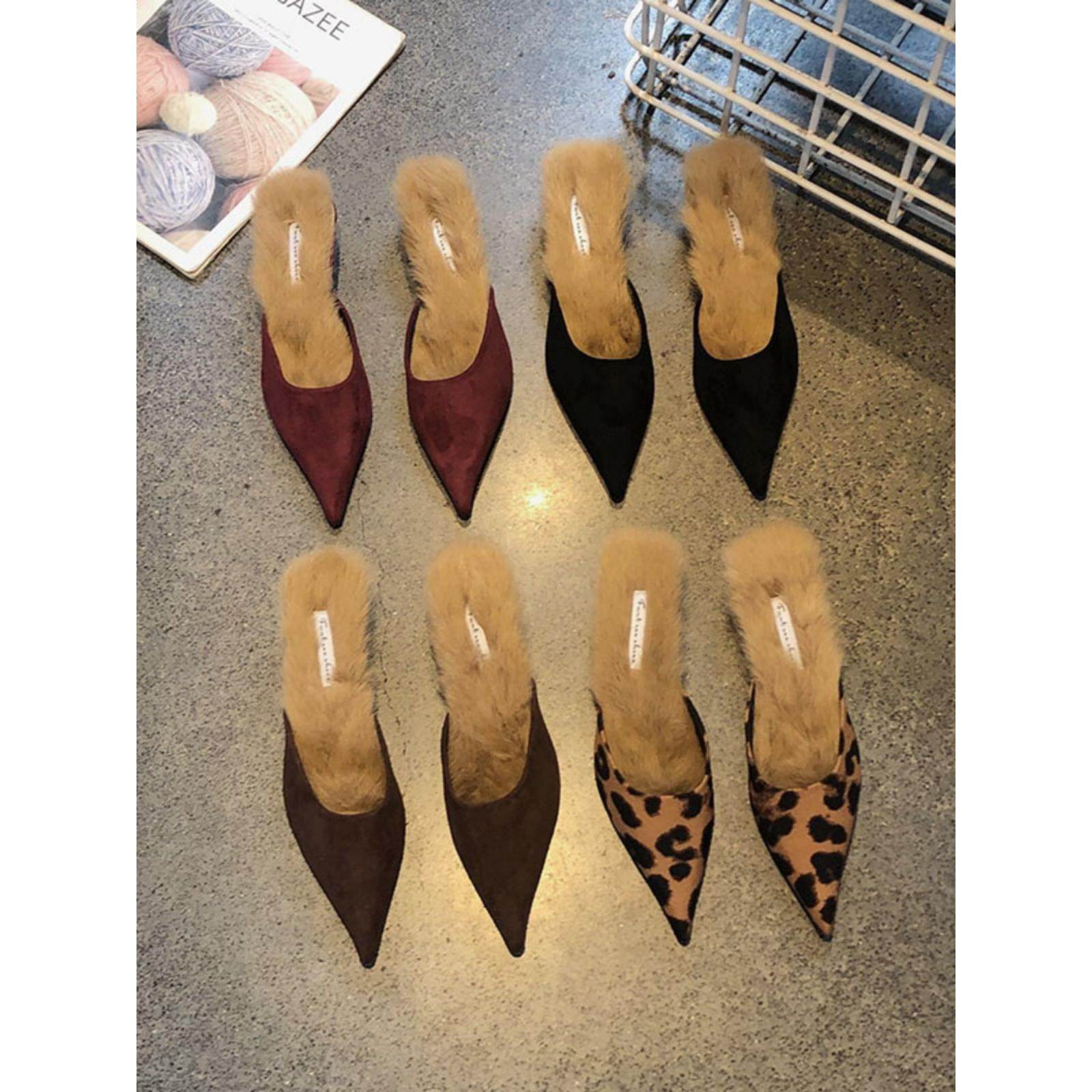 潮牌豹纹绒面包头粗跟毛毛鞋2025年秋冬舒适毛绒绒尖头半拖鞋外穿