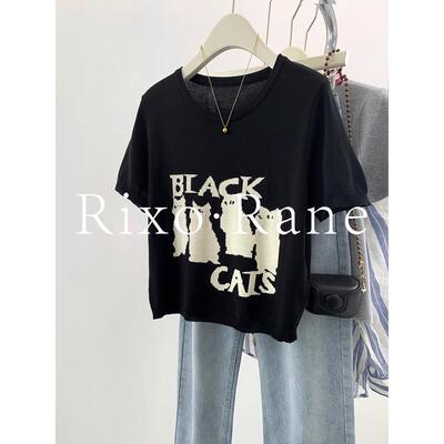 法国Rixo Rane重磅推荐⭐黑色冰丝针织短袖t恤女正肩半袖薄款上衣