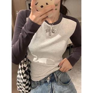 内搭打底衫 Rouje 短款 t恤女春秋季 上衣 Dsyle覆古正肩圆领拼色长袖