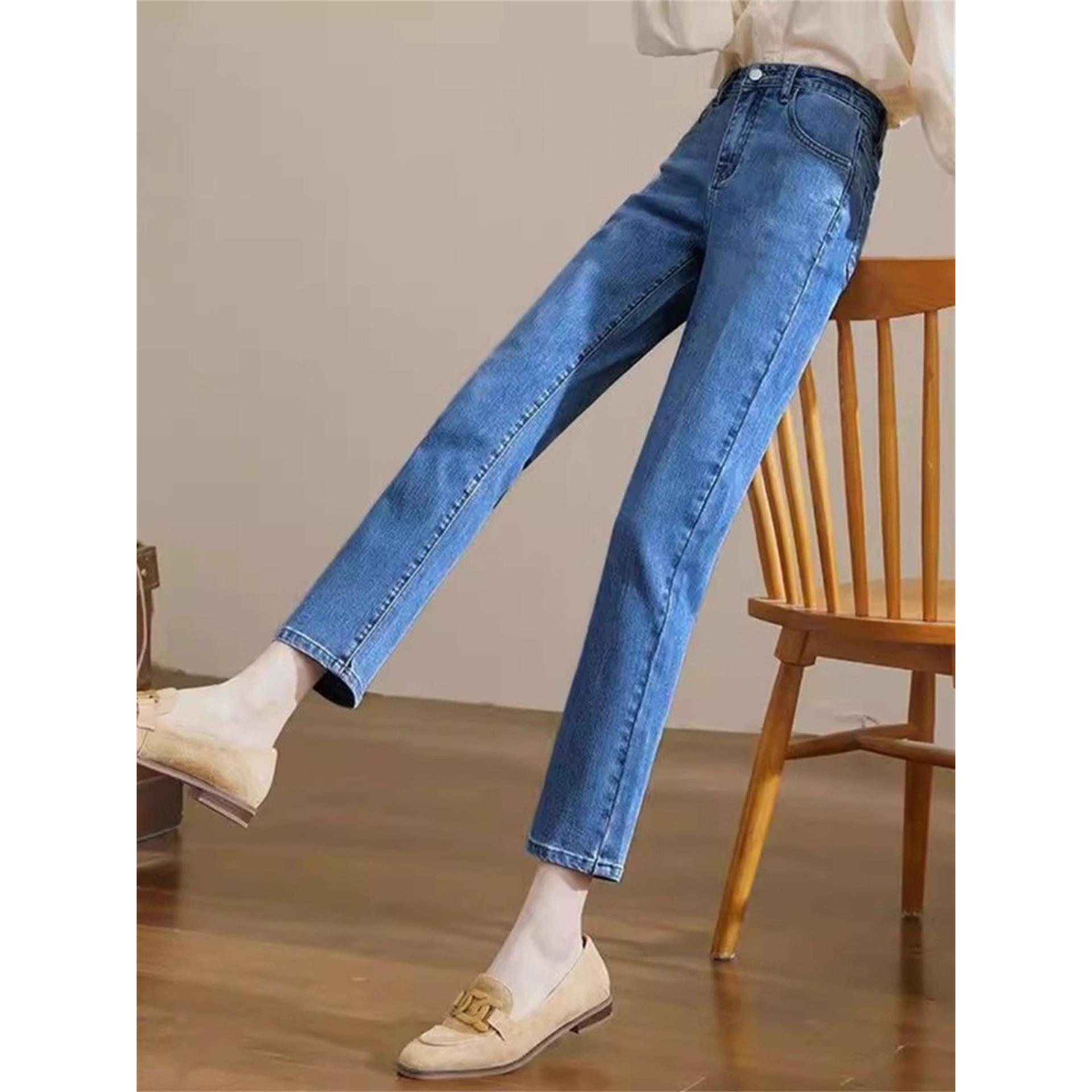 Canary Kiss蓝色直筒牛仔裤女2025秋季小个子九分高腰修身烟管裤