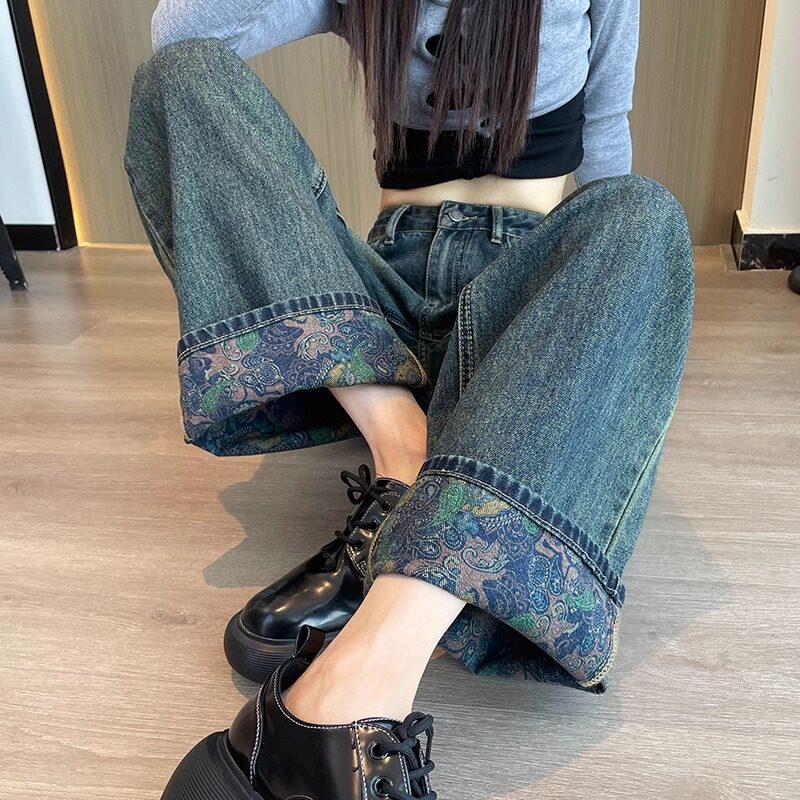 设计感印花复古阔腿牛仔裤女春秋2026新款卷边宽松直筒时尚长裤子