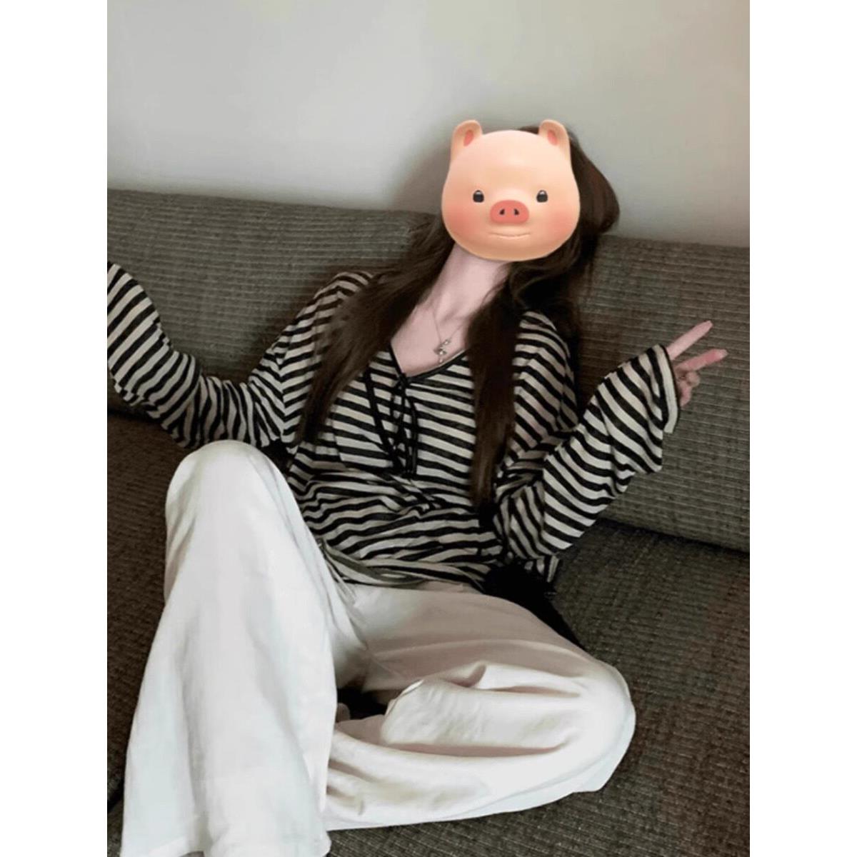 日系美式撞色条纹防晒罩衫t恤女夏季宽松休闲慵懒松弛感上衣薄款