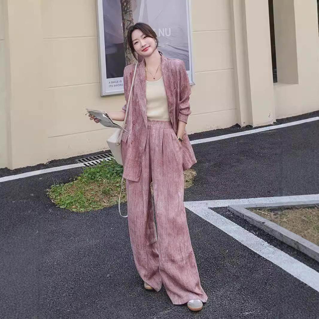 大码女装复古休闲西装阔腿裤两件套2025春秋装胖mm时尚西服西裤