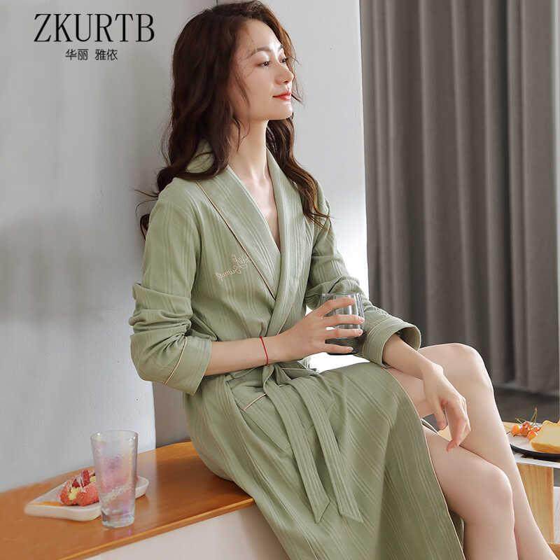 ZKURTB睡袍女春秋款纯棉长袖春秋季全棉浴袍长款大码浴衣家居服女
