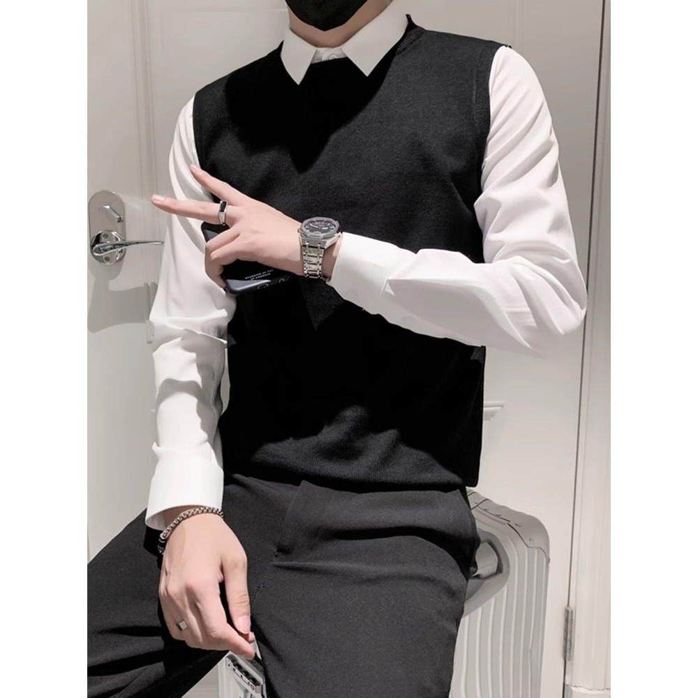 LL男装毛衣衬衫假两件男2024新款秋冬潮牌上衣针织衫痞帅马甲背心