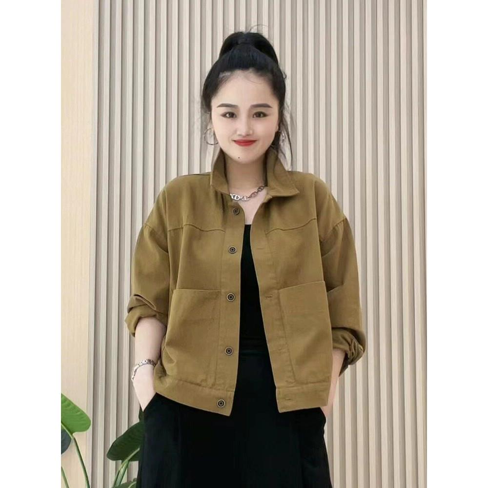 翻领开衫夹克女2025春秋新款宽松大码显瘦百搭减龄女士短外套上衣