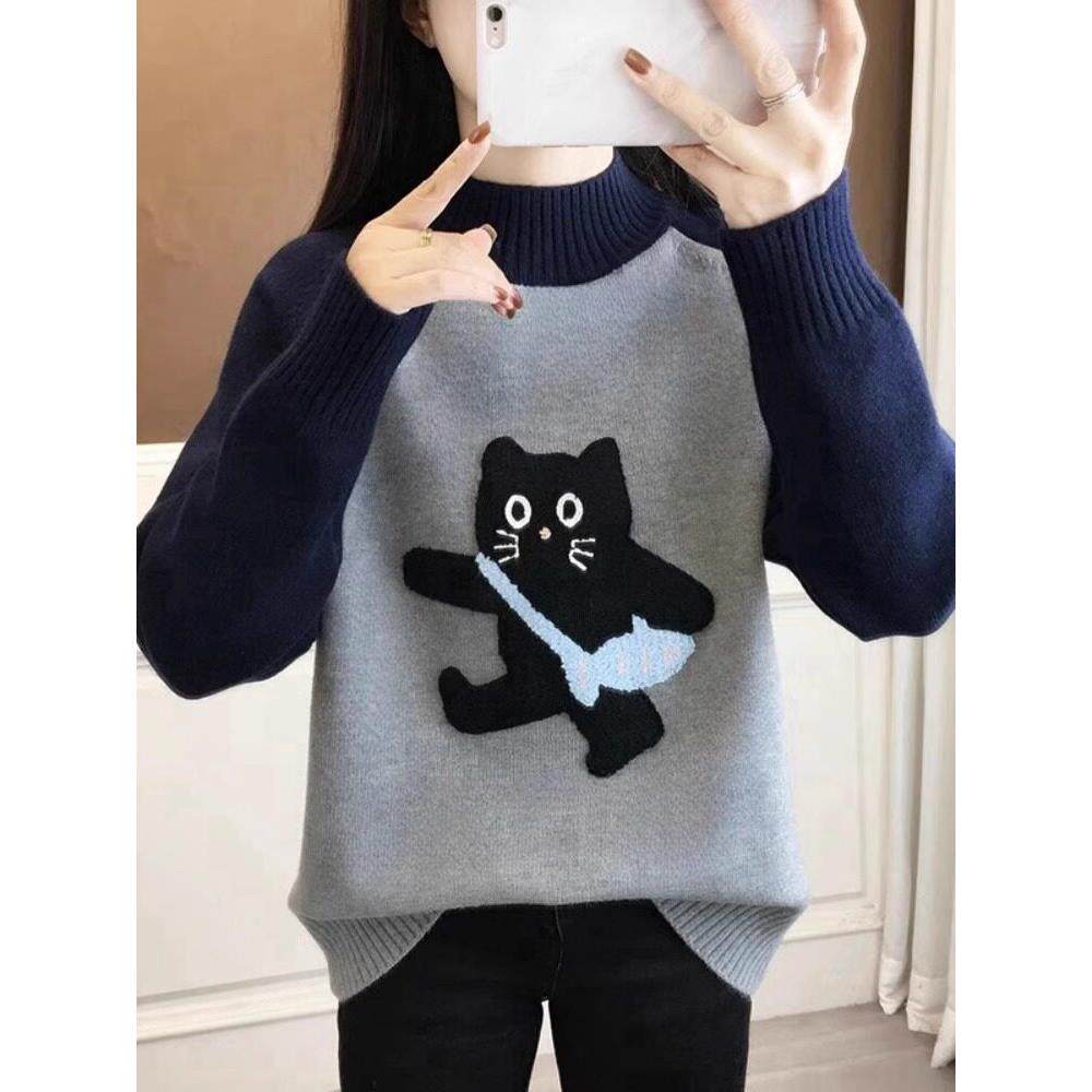 法式半高领加厚毛衣女秋冬季新款内搭加绒针织打底衫拼接洋气上衣