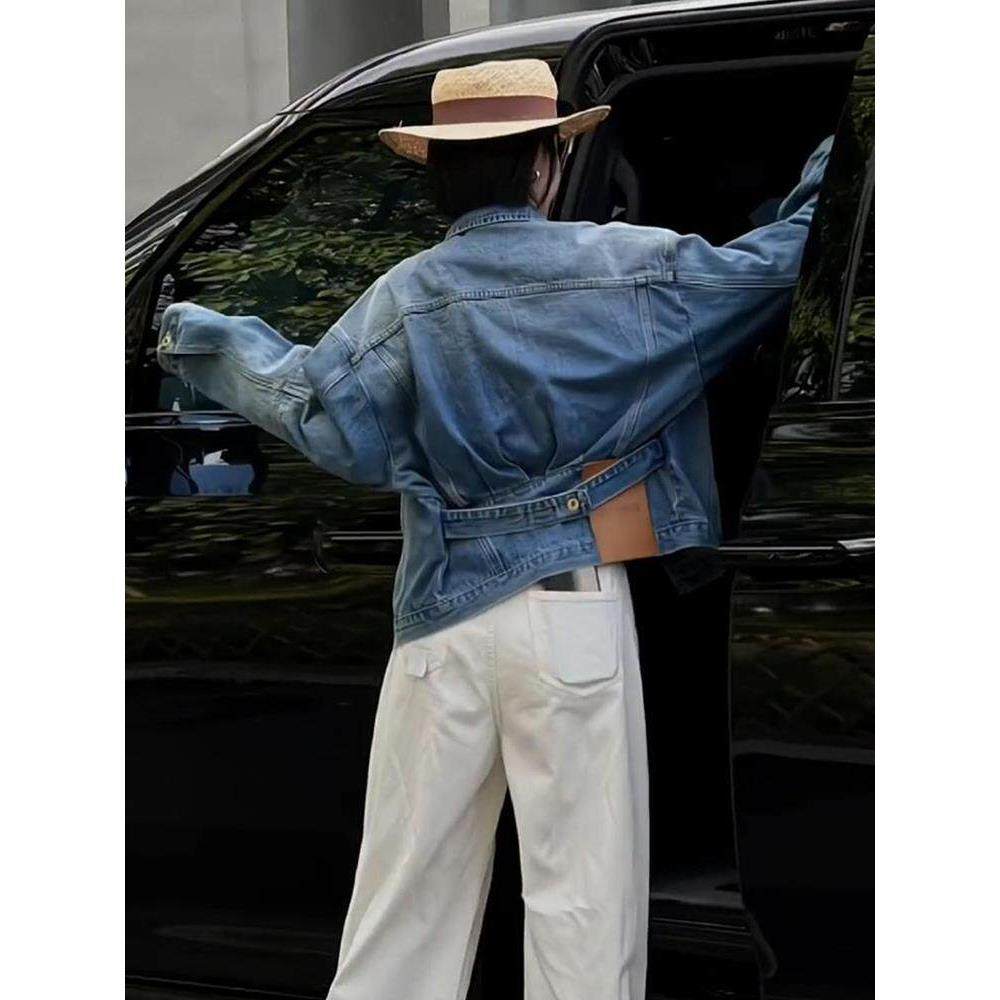 法国Rouje Dsyle覆古蓝色牛仔短外套女士秋季宽松设计感夹克上衣