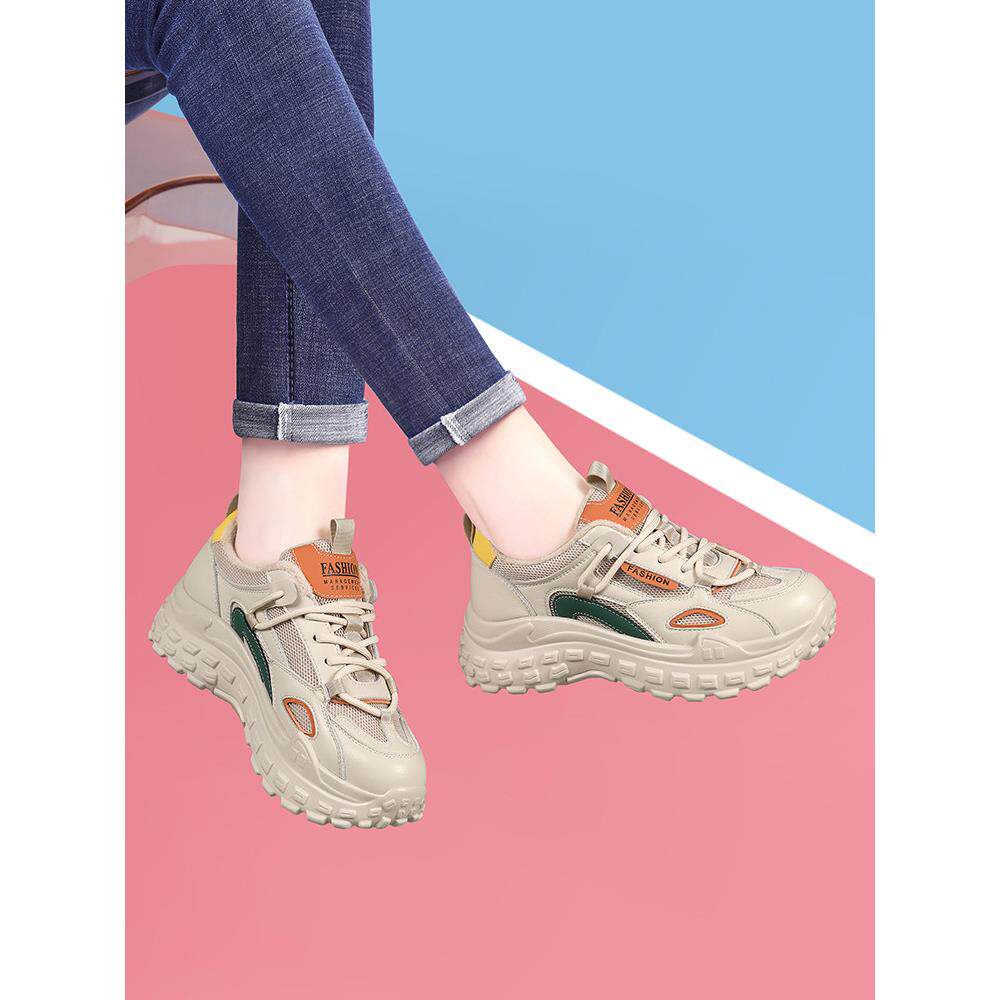 减震舒适跑步鞋女新款显脚小杏色真皮款老爹鞋厚底增高休闲跑步鞋