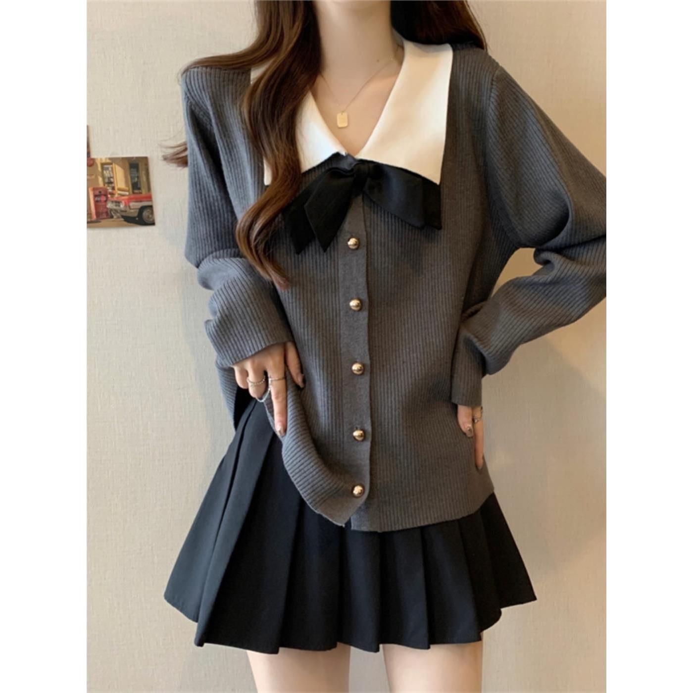 Rouje tusse灰色羊毛针织衫女秋冬大码胖mm显瘦遮肚羊绒毛衣上衣