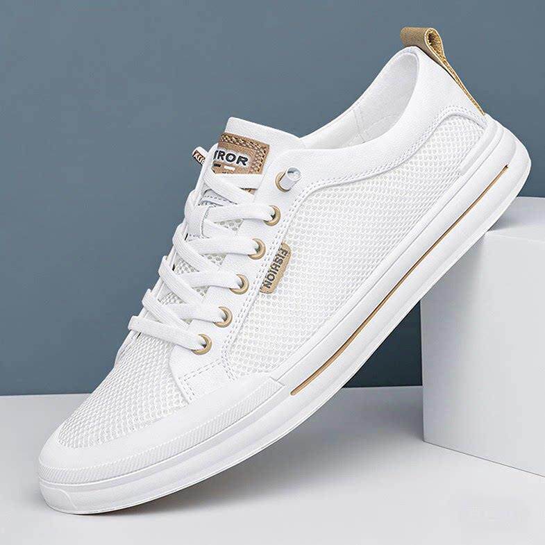 真皮小白鞋男款夏季透气薄款一脚蹬男鞋子镂空网面运动休闲板鞋男