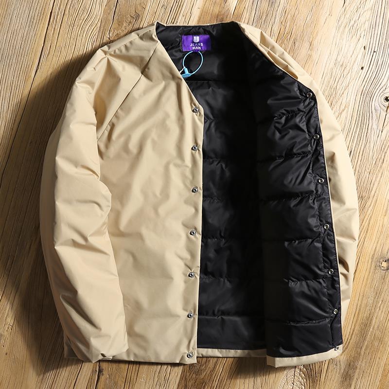 出口欧美！90白鸭绒冬季男士无领羽绒服情侣休闲短款内搭保暖外套