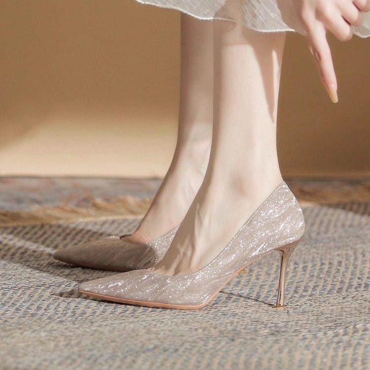 英国真皮香槟色尖头高跟鞋女细跟2025新款秋季法式不累脚单鞋婚鞋,女鞋,浅口单鞋,淘宝优惠券,粉丝福利购,淘宝优惠卷