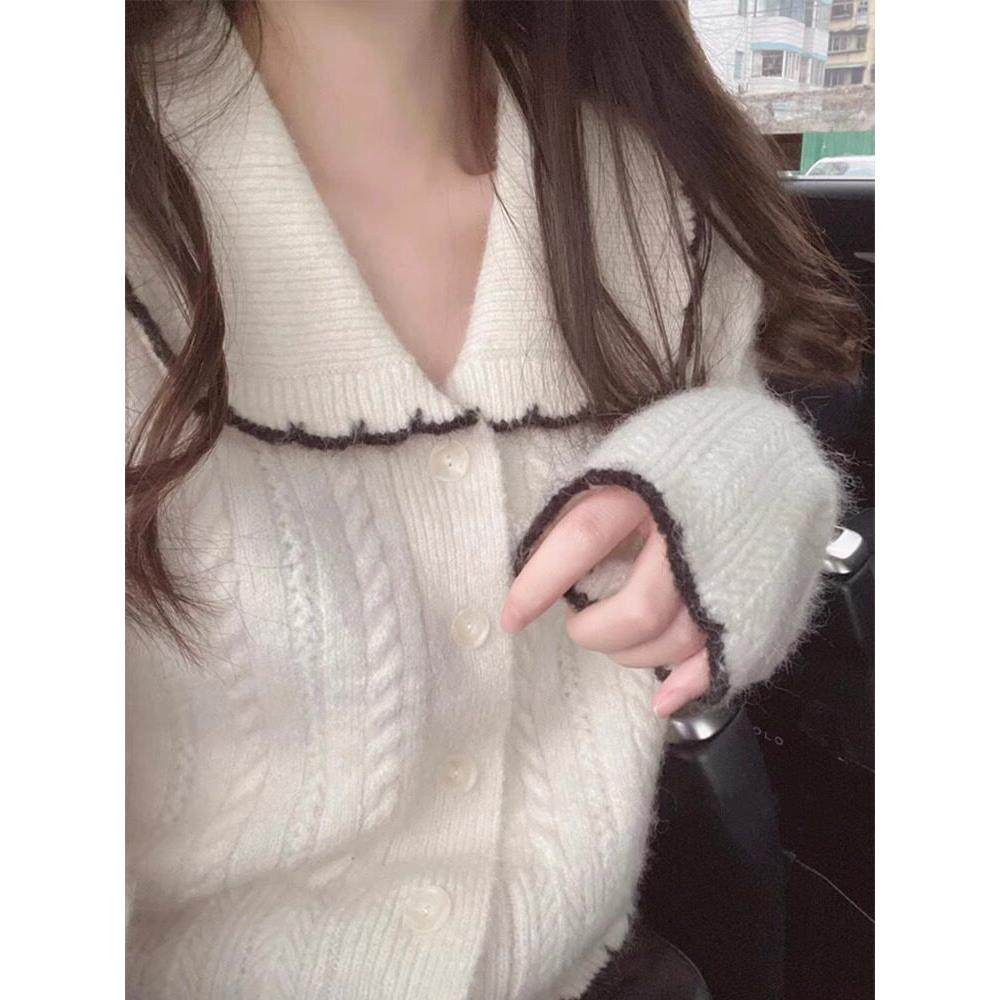 日系学院风软糯彷浣熊绒娃娃领针织开衫女设计感小众毛衣外套上衣