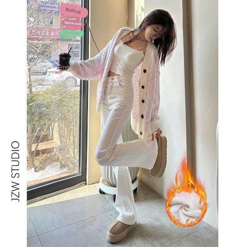 韩版白色微喇叭牛仔裤女秋冬加绒高腰修身显瘦垂感加长拖地马蹄裤,女装/女士精品,牛仔裤,淘宝优惠券,粉丝福利购,淘宝优惠卷