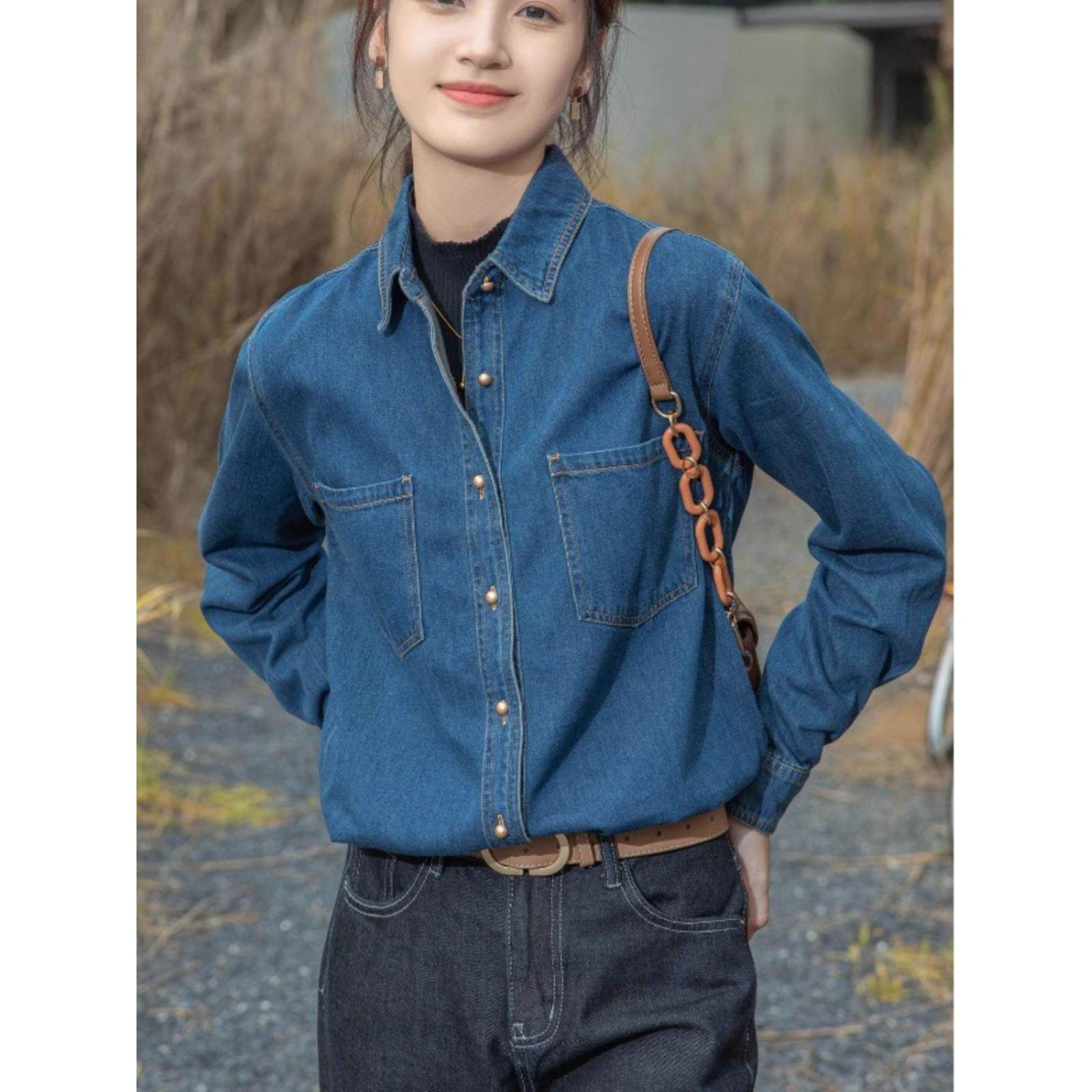 法式ROUJE NAIVE高端加绒牛仔衬衫女新款叠穿加厚正肩内搭衬衣女