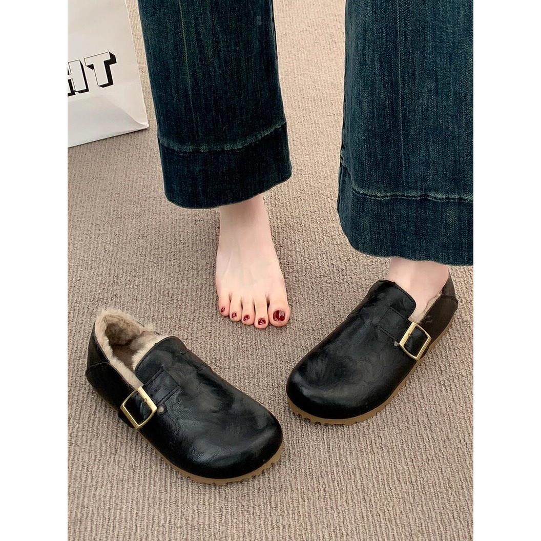 英国真皮平底皮面勃肯鞋女2026秋冬季新款一脚蹬加绒保暖毛毛棉鞋