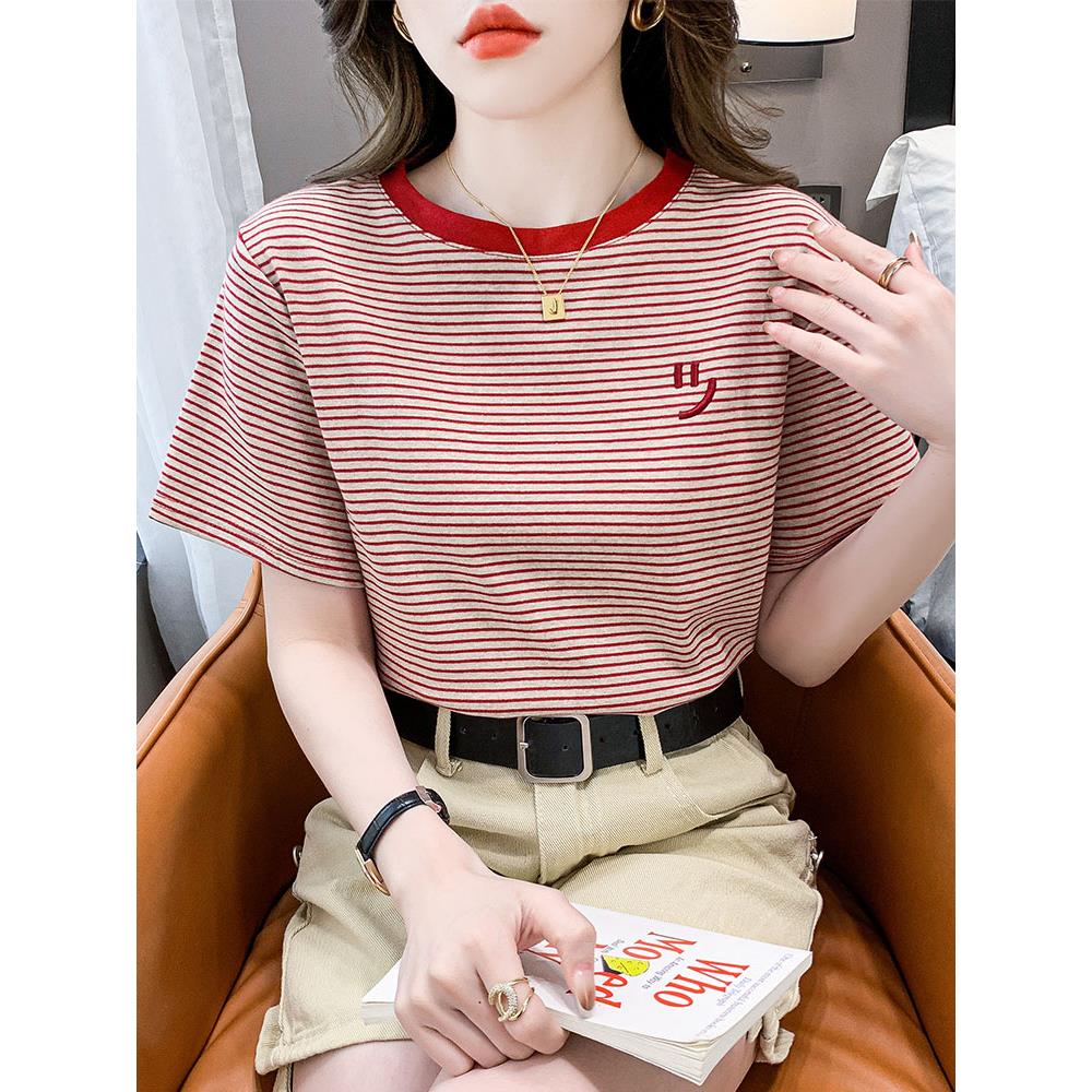 条纹短袖T恤女2026夏季新款时尚洋气圆领女士休闲半袖小衫上衣薄