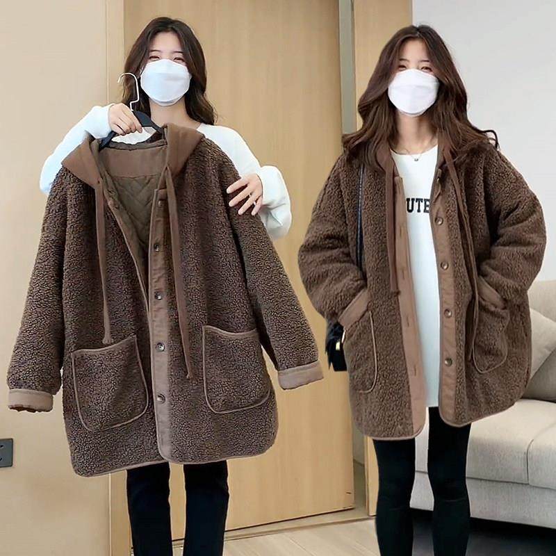 欧洲站加厚羊羔毛外套女2025年冬季新款中长连帽摇粒绒棒球服上衣
