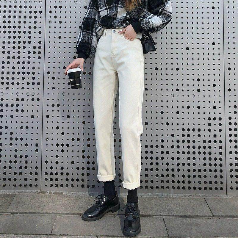 ROUJE NAIVE白色牛仔裤女直筒高腰老爹裤小个子春秋新款米色加绒