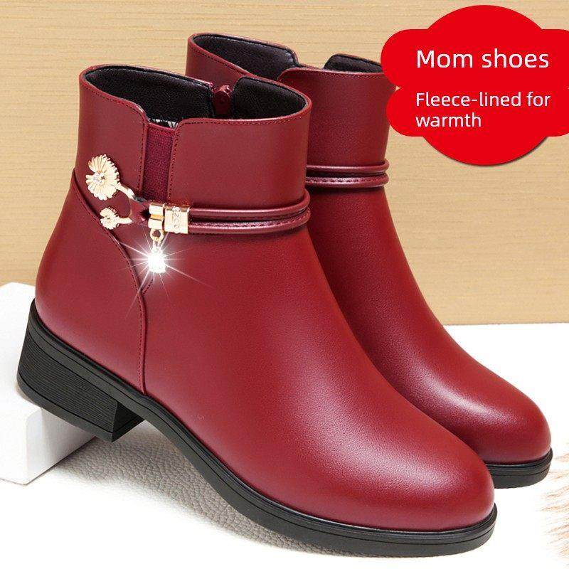 潮牌秋冬季真皮鞋红色妈妈鞋皮鞋软底中老年棉鞋加绒短靴靴子女鞋,女鞋,时装靴,淘宝优惠券,粉丝福利购,淘宝优惠卷