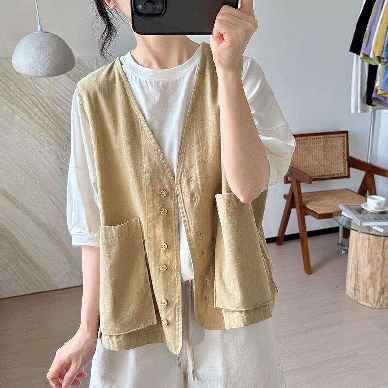 时尚工装马甲外套女春夏新款洋气休闲女士V领无袖开衫马夹上衣薄