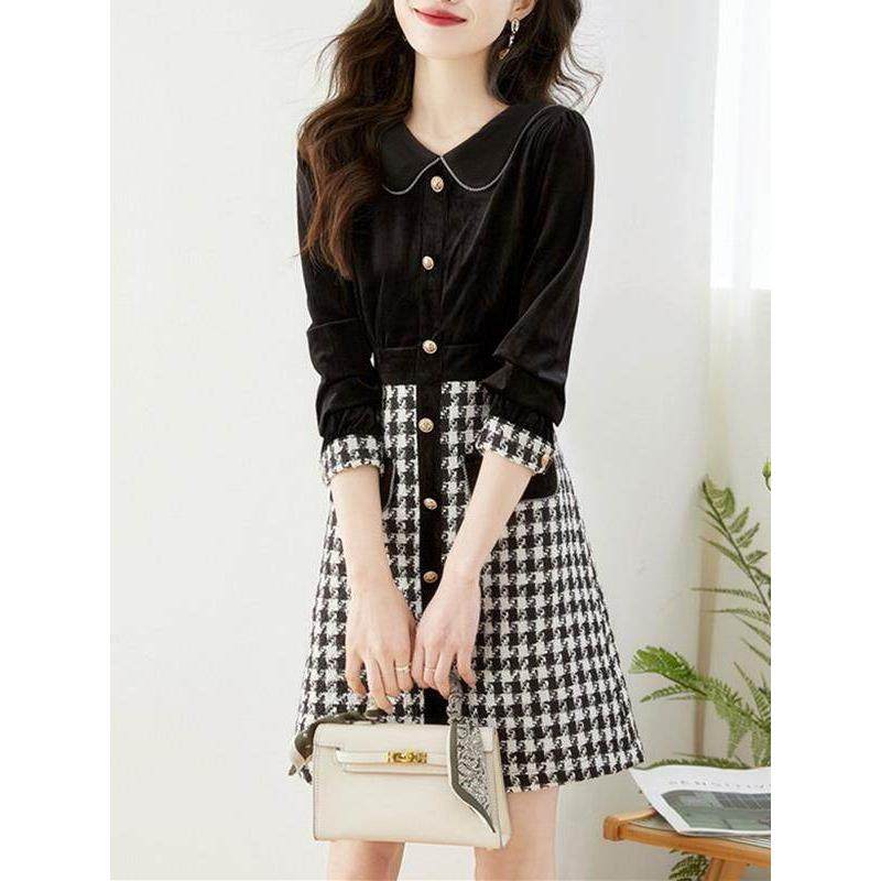 假两件拼接小香风连衣裙女春季新款高级感气质收腰显瘦丝绒中长裙